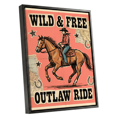 Wild & Free Outlaw Ride, pink, black, beige abstract wall art shown as a black framed canvas wall art