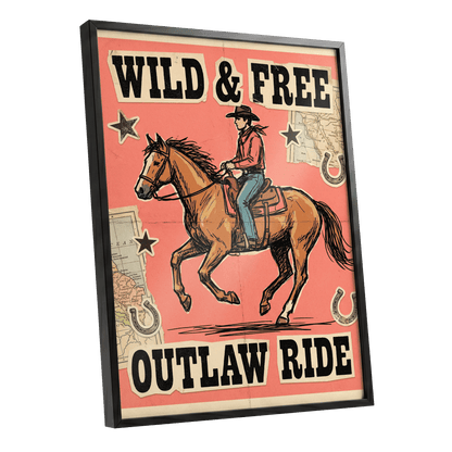 Wild & Free Outlaw Ride, pink, black, beige abstract wall art shown as a black framed poster wall art print
