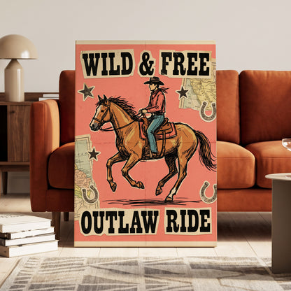 Wild & Free Outlaw Ride, pink, black, beige abstract wall art on canvas displayed in a styled interior, gallery view 1