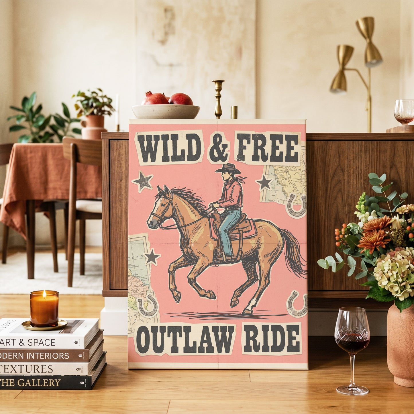 Wild & Free Outlaw Ride, pink, black, beige abstract wall art on canvas displayed in a styled interior, gallery view 2