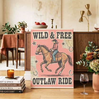 Wild & Free Outlaw Ride, pink, black, beige abstract wall art on canvas displayed in a styled interior, gallery view 2