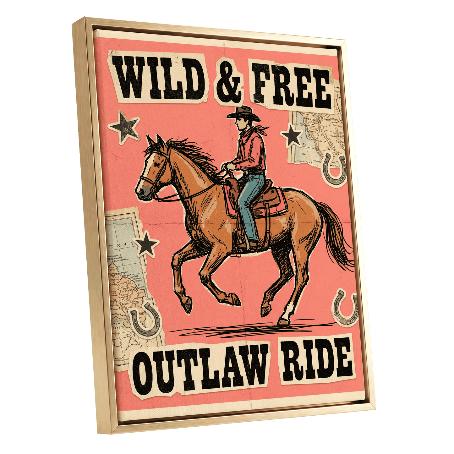 Wild & Free Outlaw Ride, pink, black, beige abstract wall art shown as a gold framed canvas wall art