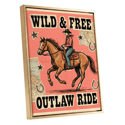 Wild & Free Outlaw Ride, pink, black, beige abstract wall art shown as a gold framed canvas wall art