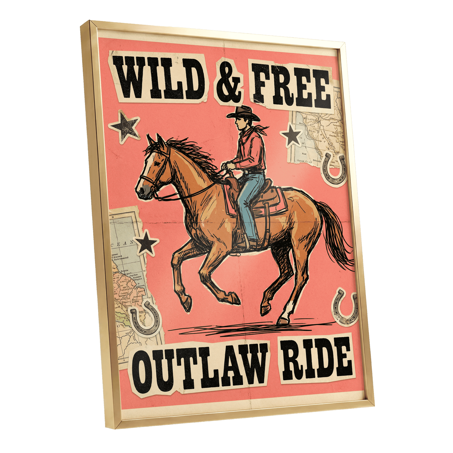 Wild & Free Outlaw Ride, pink, black, beige abstract wall art shown as a gold framed poster wall art print