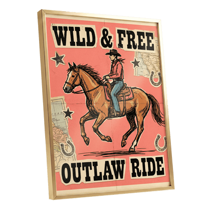 Wild & Free Outlaw Ride, pink, black, beige abstract wall art shown as a gold framed poster wall art print