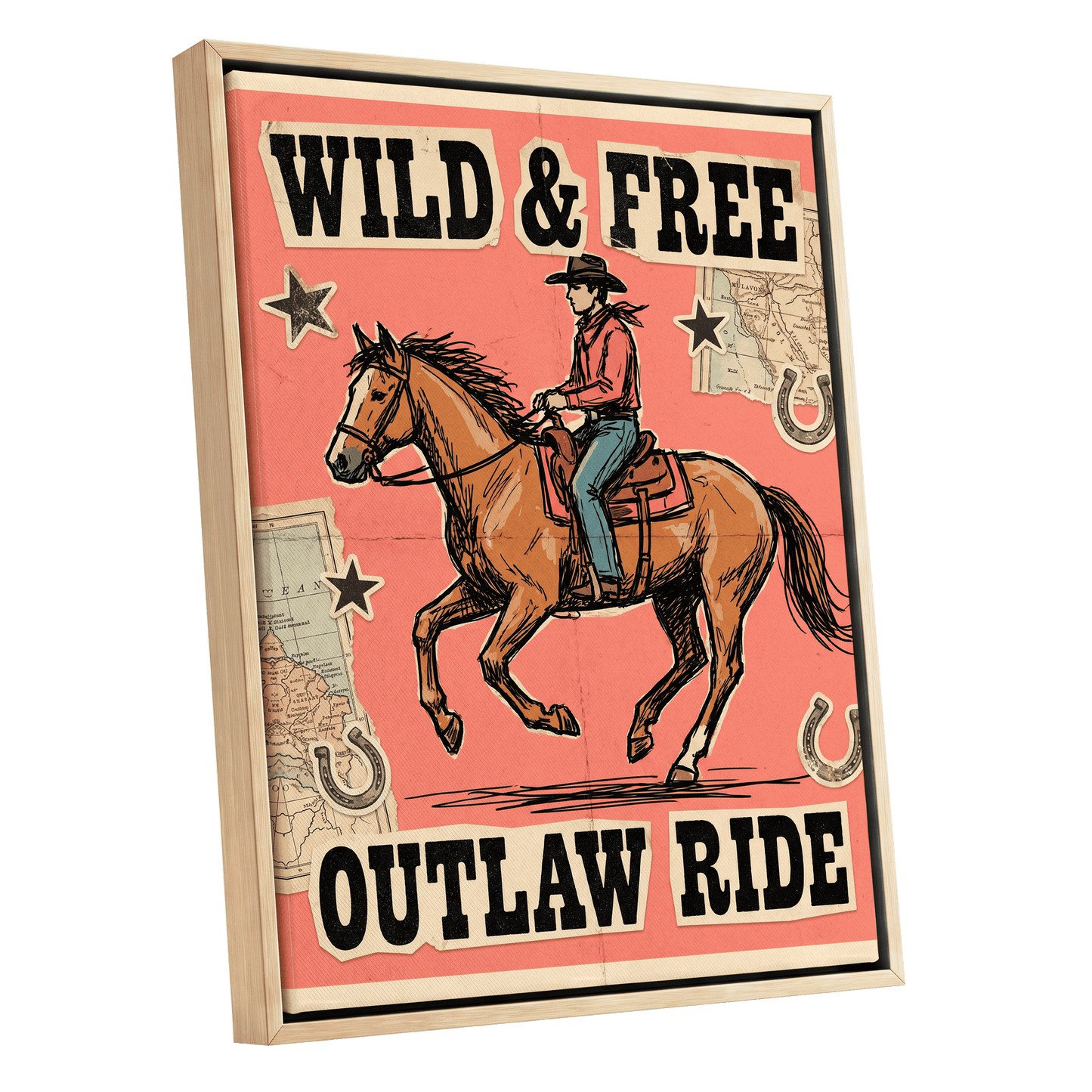 Wild & Free Outlaw Ride, pink, black, beige abstract wall art shown as a oak framed canvas wall art