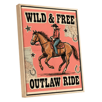 Wild & Free Outlaw Ride, pink, black, beige abstract wall art shown as a oak framed canvas wall art