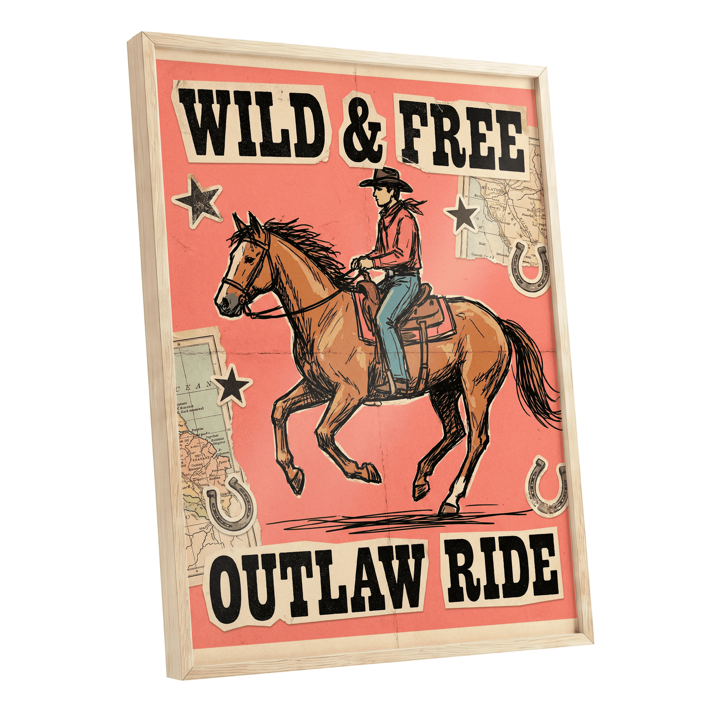 Wild & Free Outlaw Ride, pink, black, beige abstract wall art shown as a oak framed poster wall art print
