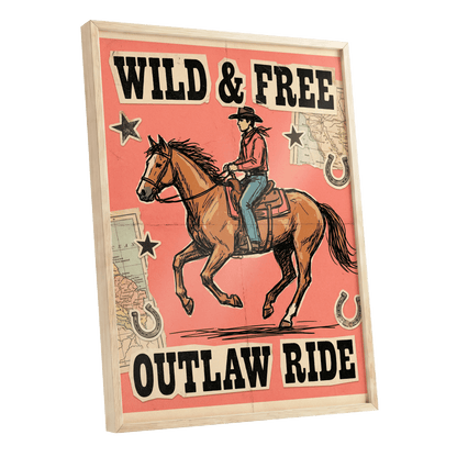 Wild & Free Outlaw Ride, pink, black, beige abstract wall art shown as a oak framed poster wall art print