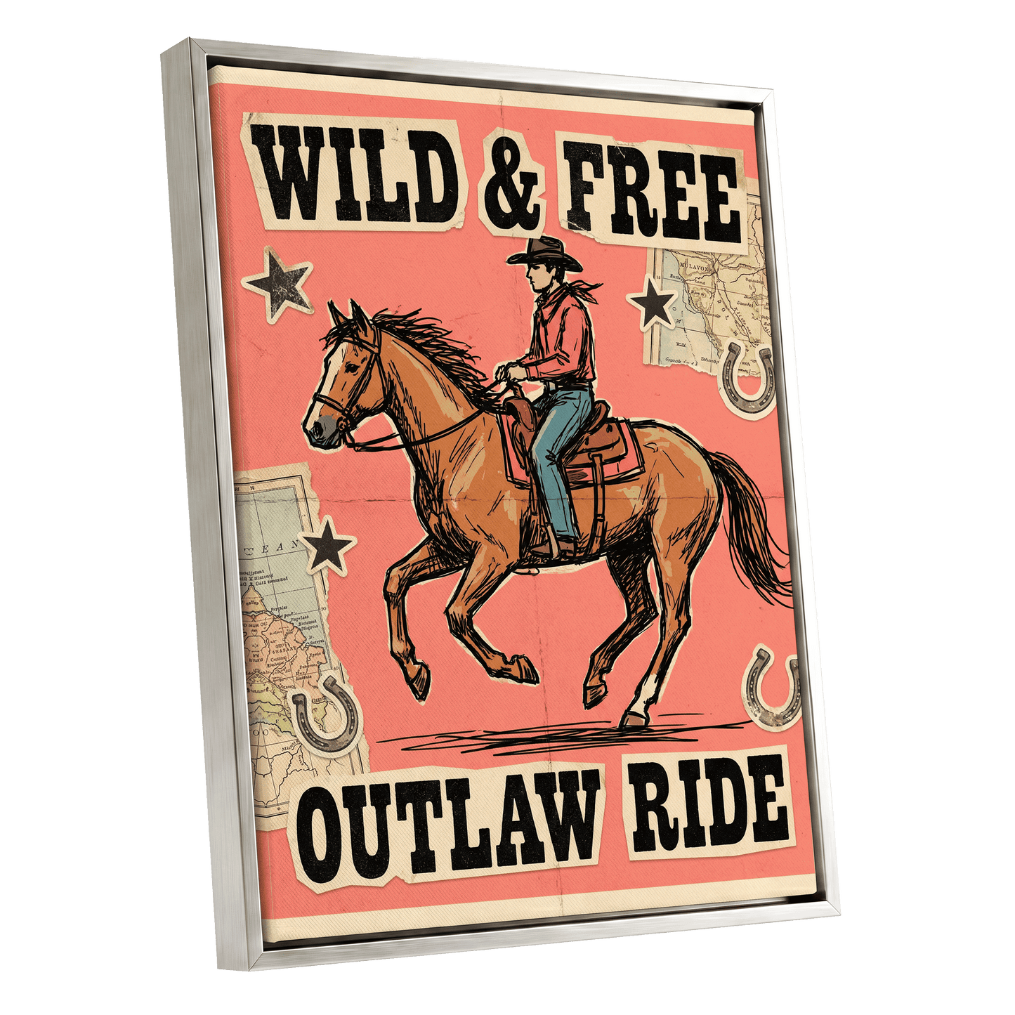 Wild & Free Outlaw Ride, pink, black, beige abstract wall art shown as a silver framed canvas wall art