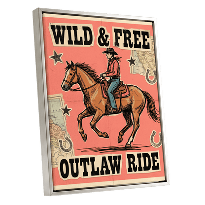 Wild & Free Outlaw Ride, pink, black, beige abstract wall art shown as a silver framed canvas wall art