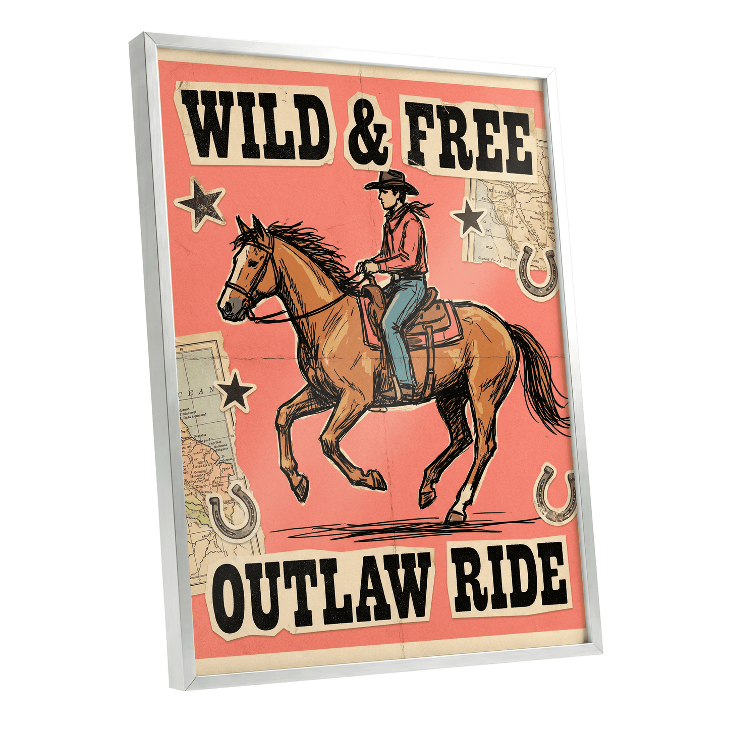 Wild & Free Outlaw Ride, pink, black, beige abstract wall art shown as a silver framed poster wall art print