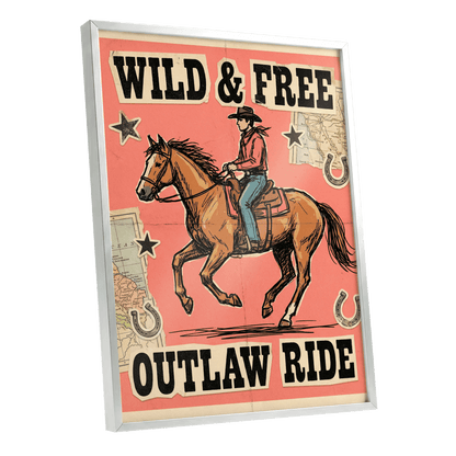 Wild & Free Outlaw Ride, pink, black, beige abstract wall art shown as a silver framed poster wall art print