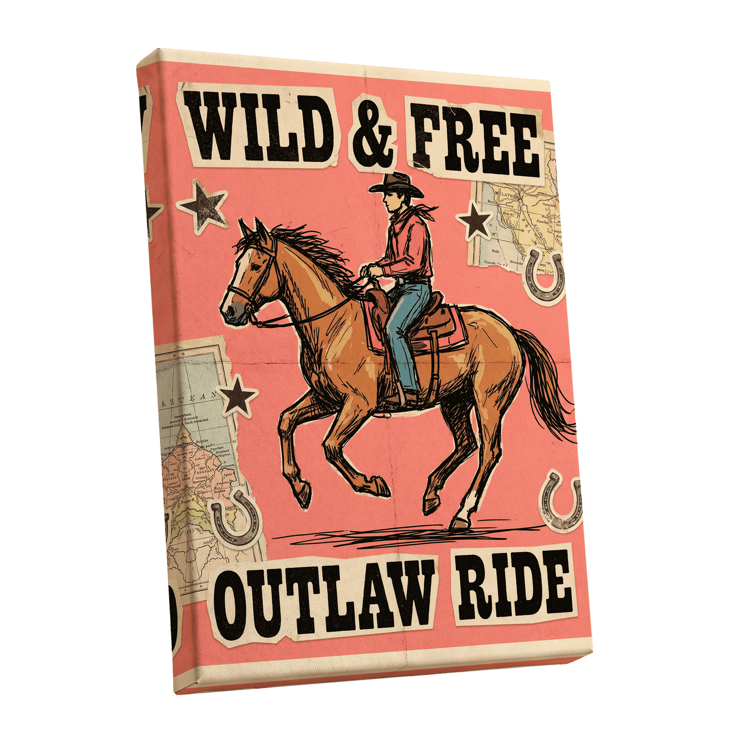 Wild & Free Outlaw Ride, pink, black, beige abstract wall art shown as a stretched canvas wall art