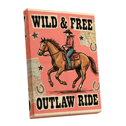 Wild & Free Outlaw Ride, pink, black, beige abstract wall art shown as a stretched canvas wall art