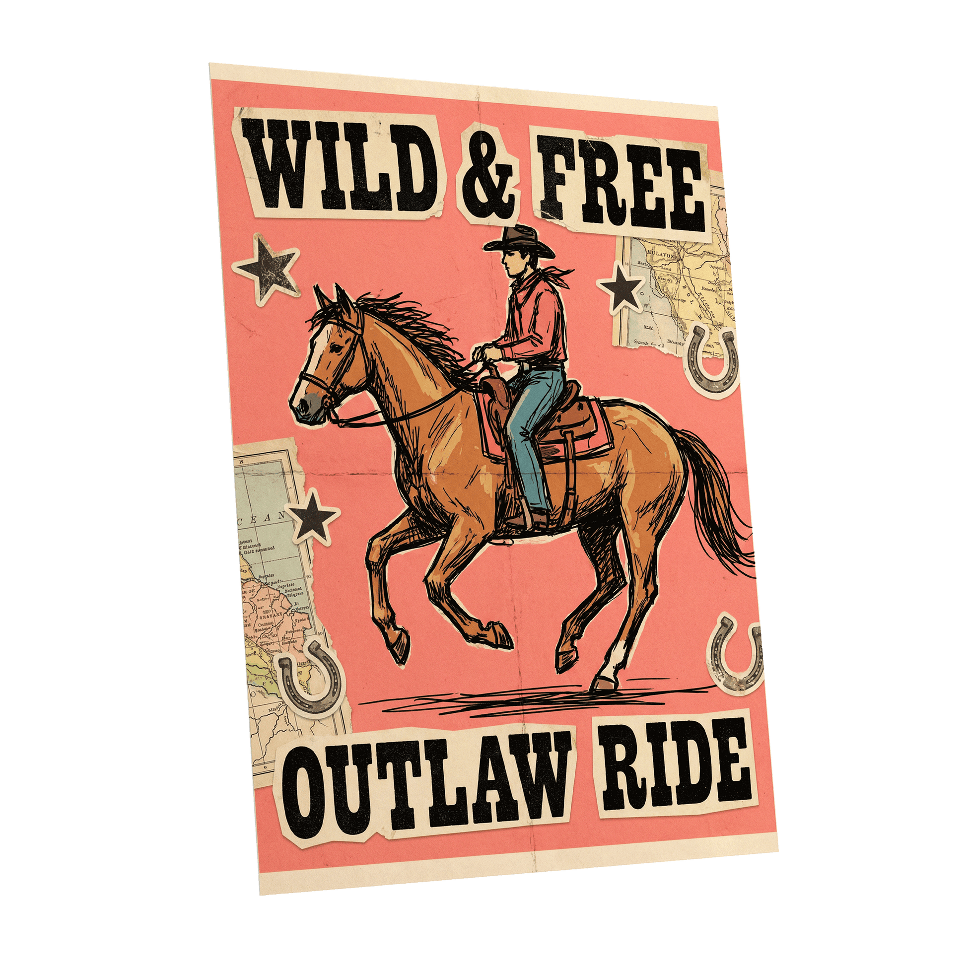 Wild & Free Outlaw Ride, pink, black, beige abstract wall art shown as a unframed poster wall art print
