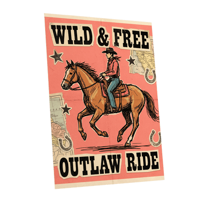 Wild & Free Outlaw Ride, pink, black, beige abstract wall art shown as a unframed poster wall art print