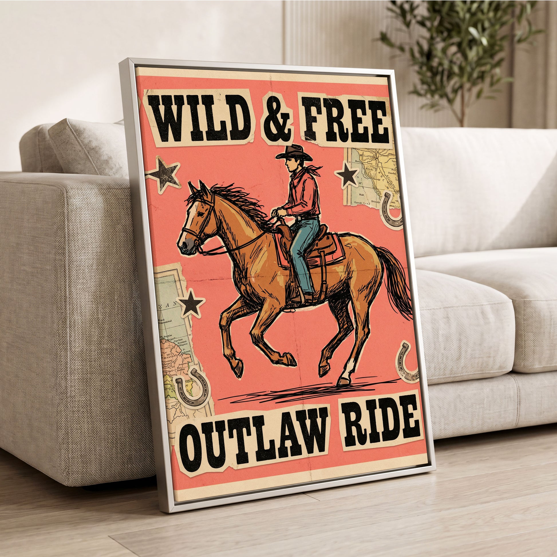Wild & Free Outlaw Ride, pink, black, beige abstract wall art displayed in a styled interior, gallery view 2
