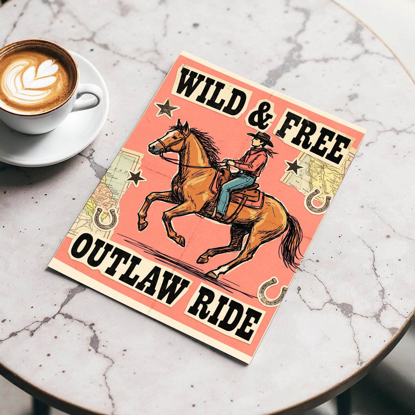 Wild & Free Outlaw Ride, pink, black, beige abstract wall art displayed in a styled interior, gallery view 3