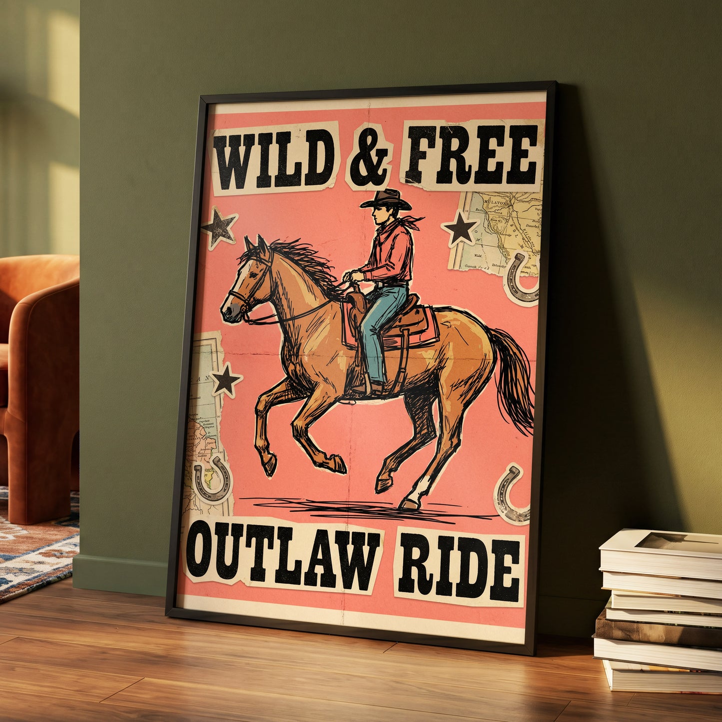 Wild & Free Outlaw Ride, pink, black, beige abstract wall art displayed in a styled interior, gallery view 4