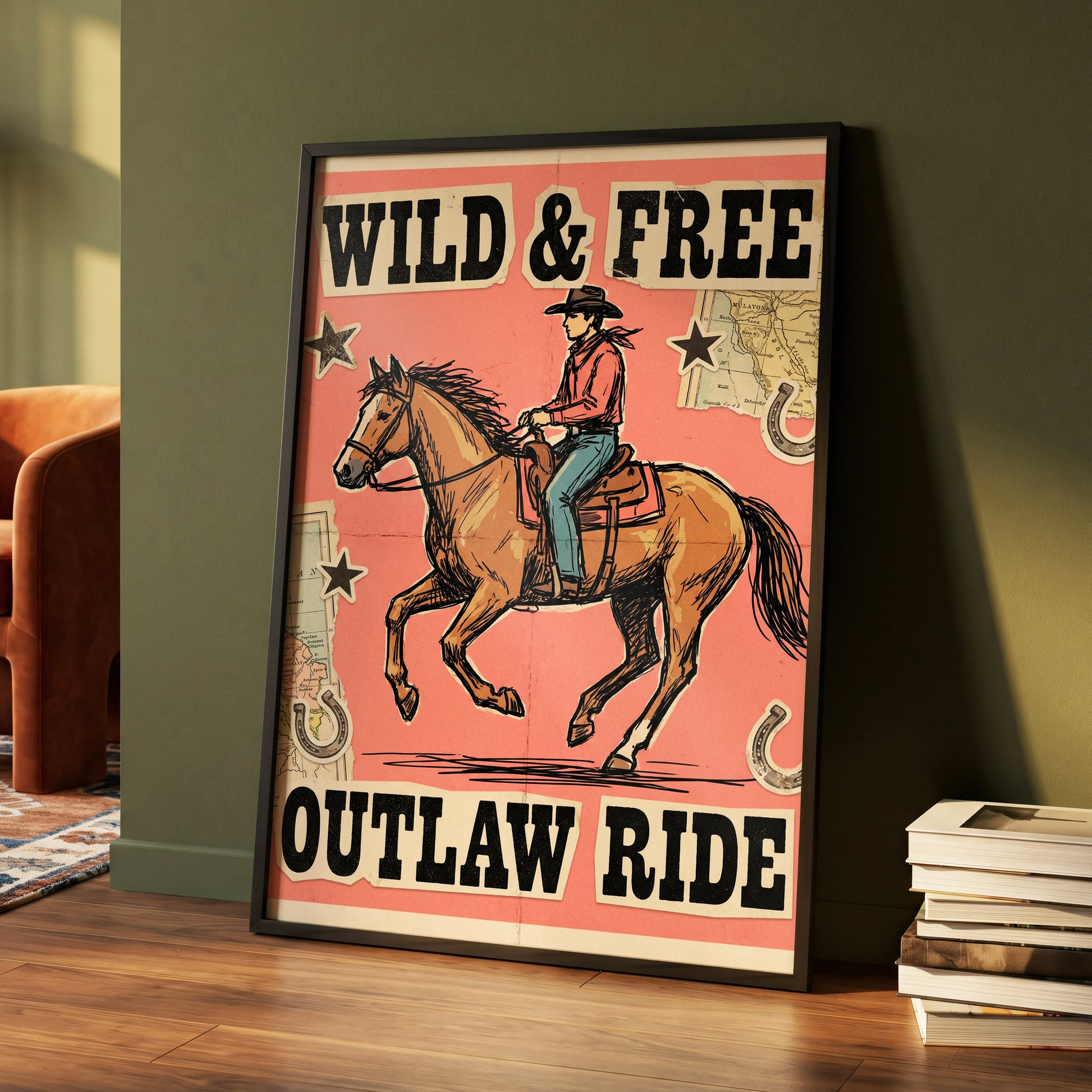 Wild & Free Outlaw Ride, pink, black, beige abstract wall art displayed in a styled interior, gallery view 4