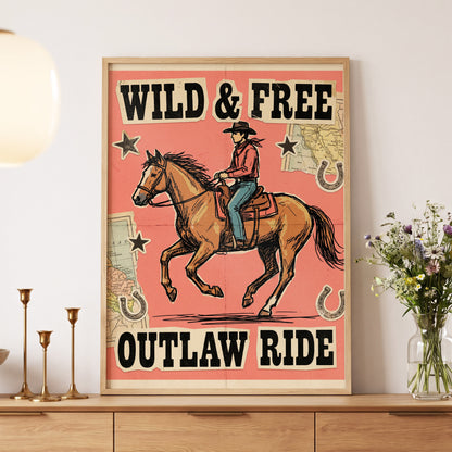 Wild & Free Outlaw Ride, pink, black, beige abstract wall art displayed in a styled interior, gallery view 5