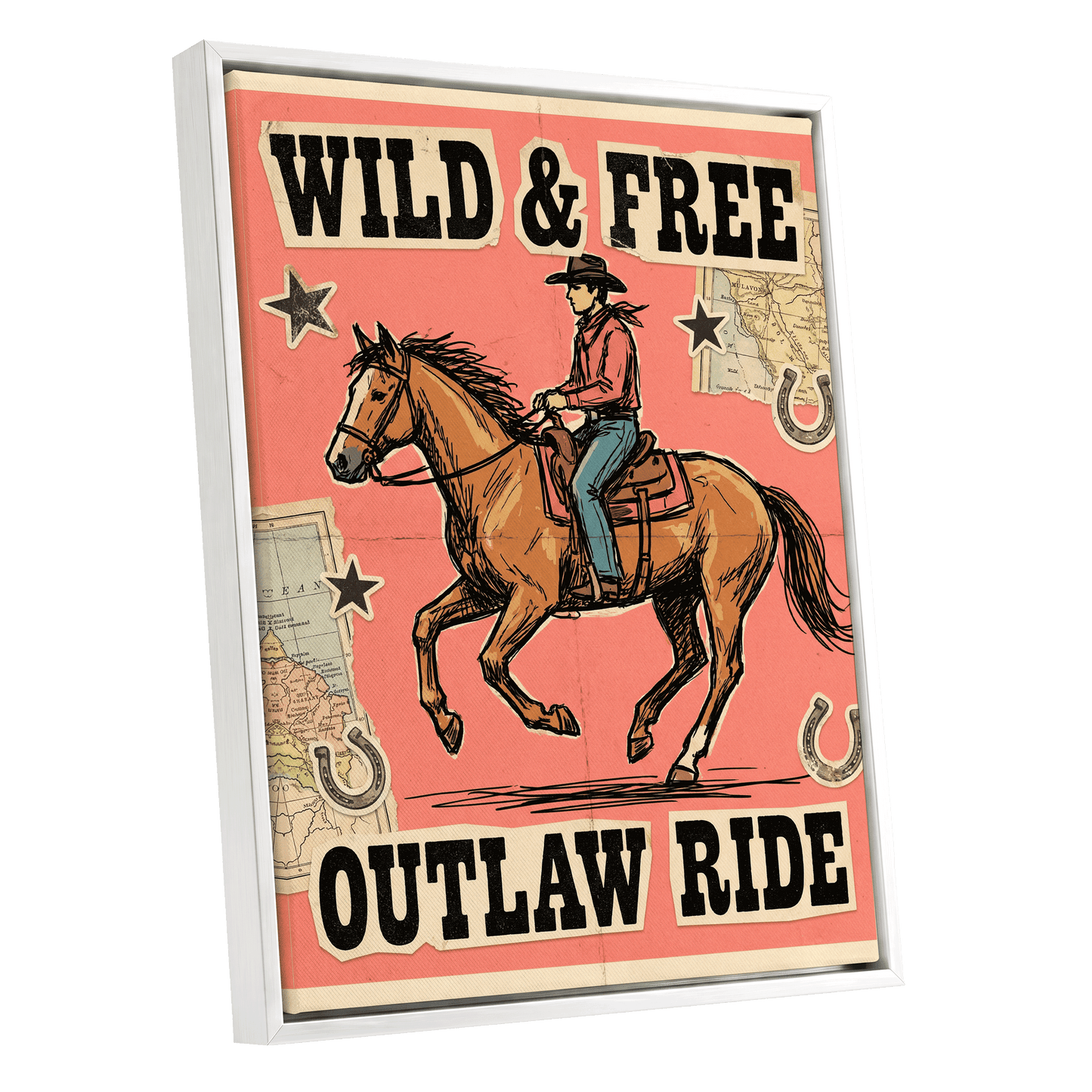 Wild & Free Outlaw Ride, pink, black, beige abstract wall art shown as a white framed canvas wall art
