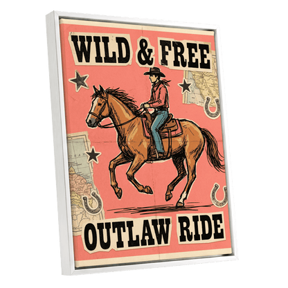 Wild & Free Outlaw Ride, pink, black, beige abstract wall art shown as a white framed canvas wall art