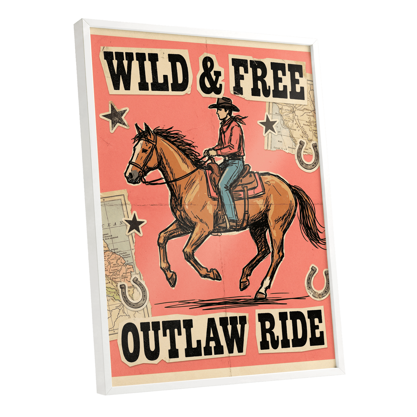 Wild & Free Outlaw Ride, pink, black, beige abstract wall art shown as a white framed poster wall art print