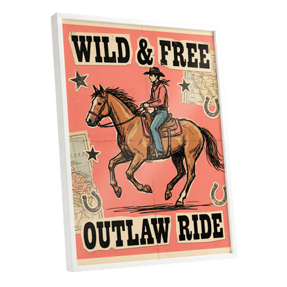 Wild & Free Outlaw Ride, pink, black, beige abstract wall art shown as a white framed poster wall art print