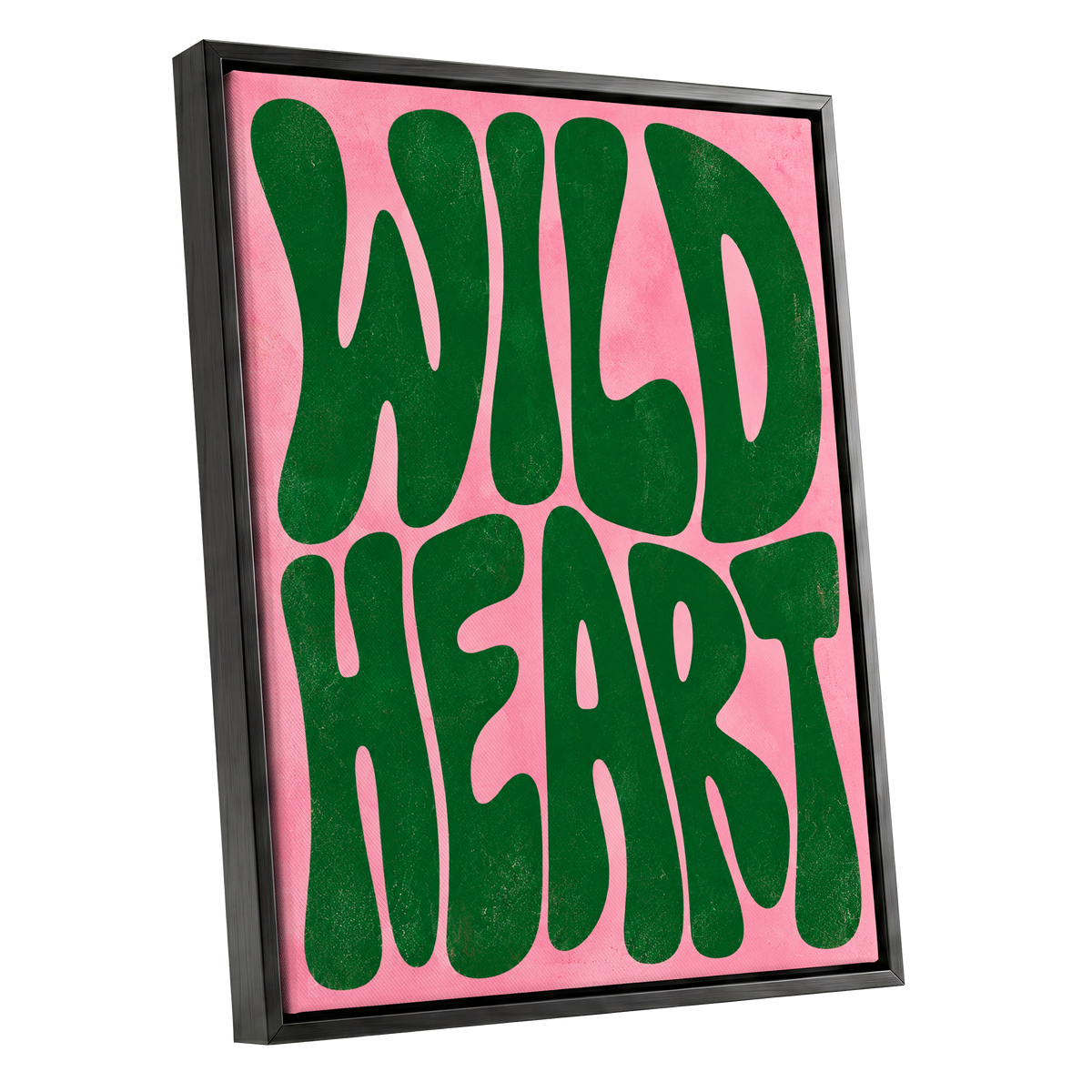 Wild Heart Groove, green, pink abstract wall art shown as a black framed canvas wall art
