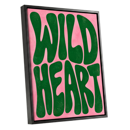 Wild Heart Groove, green, pink abstract wall art shown as a black framed canvas wall art