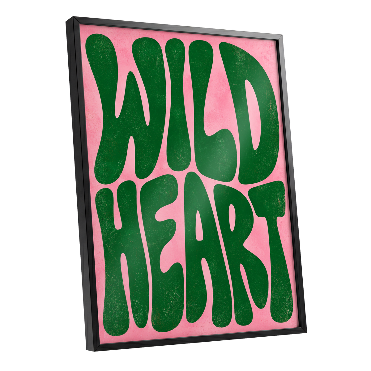 Wild Heart Groove, green, pink abstract wall art shown as a black framed poster wall art print