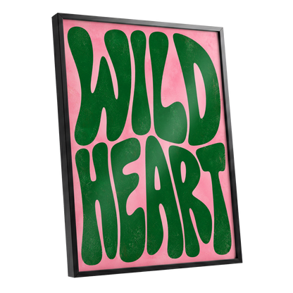 Wild Heart Groove, green, pink abstract wall art shown as a black framed poster wall art print