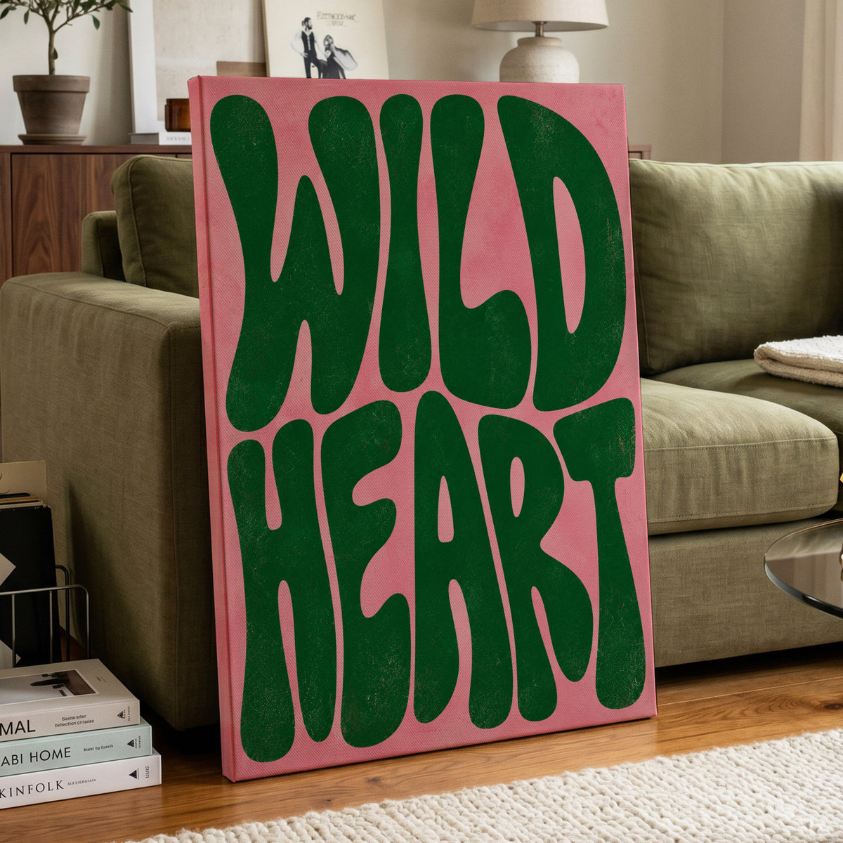Wild Heart Groove, green, pink abstract wall art on canvas displayed in a styled interior, gallery view 1