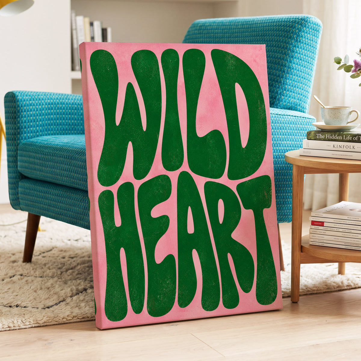 Wild Heart Groove, green, pink abstract wall art on canvas displayed in a styled interior, gallery view 2