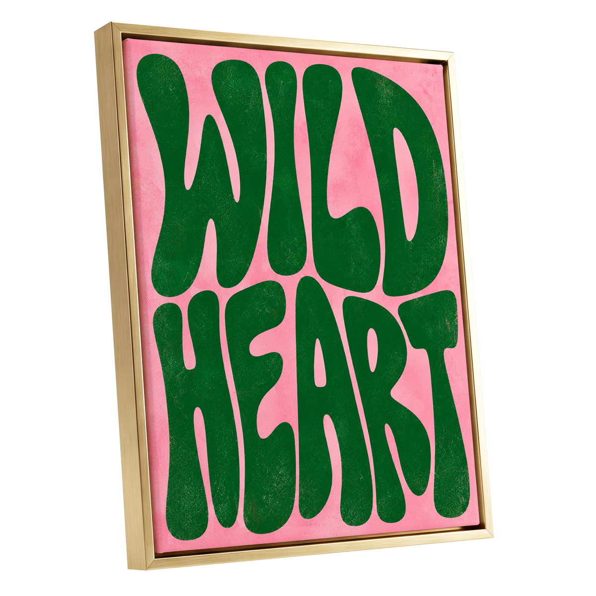 Wild Heart Groove, green, pink abstract wall art shown as a gold framed canvas wall art