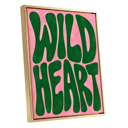 Wild Heart Groove, green, pink abstract wall art shown as a gold framed canvas wall art