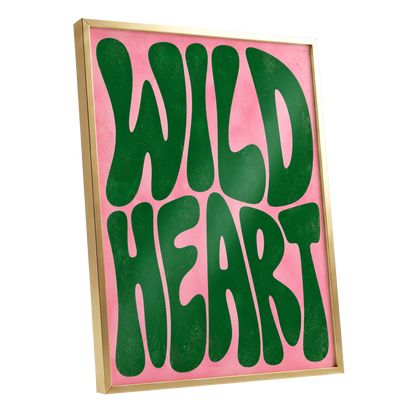 Wild Heart Groove, green, pink abstract wall art shown as a gold framed poster wall art print