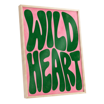 Wild Heart Groove, green, pink abstract wall art shown as a oak framed poster wall art print