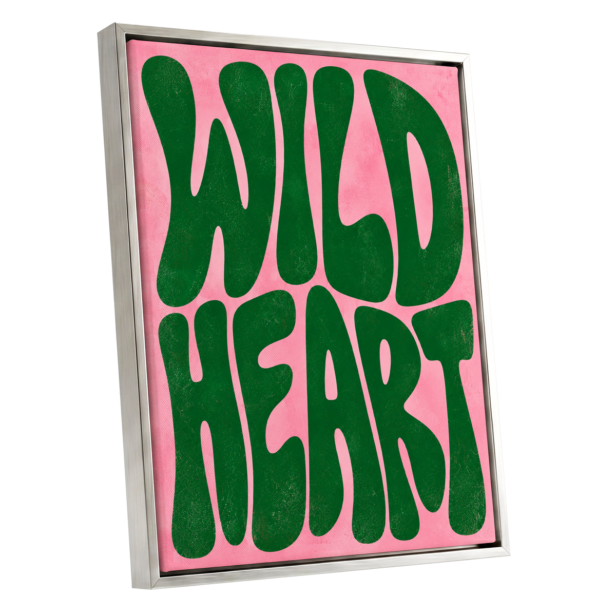 Wild Heart Groove, green, pink abstract wall art shown as a silver framed canvas wall art