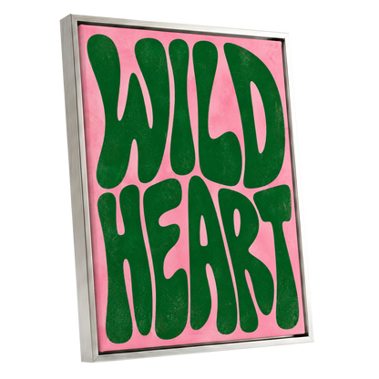 Wild Heart Groove, green, pink abstract wall art shown as a silver framed canvas wall art