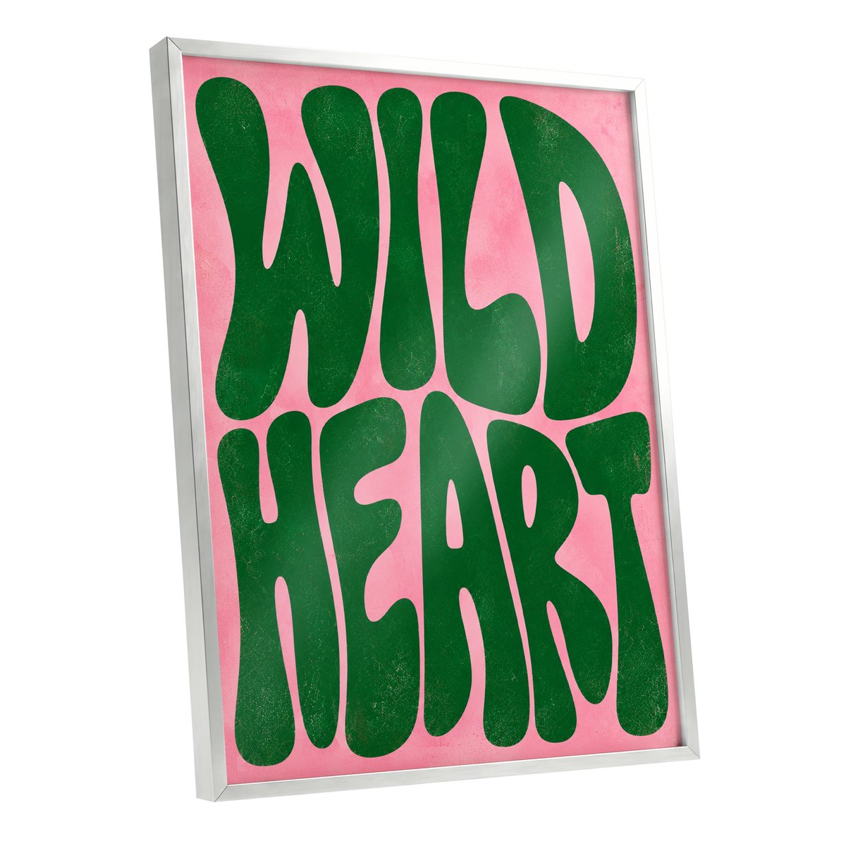 Wild Heart Groove, green, pink abstract wall art shown as a silver framed poster wall art print