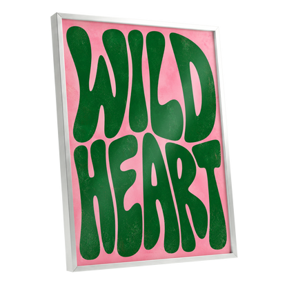 Wild Heart Groove, green, pink abstract wall art shown as a silver framed poster wall art print