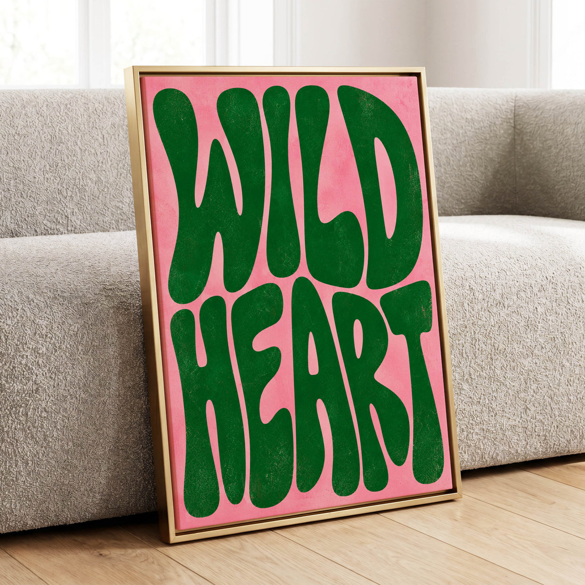 Wild Heart Groove, green, pink abstract wall art displayed in a styled interior, gallery view 1