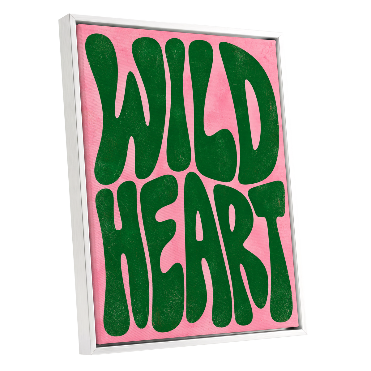 Wild Heart Groove, green, pink abstract wall art shown as a white framed canvas wall art