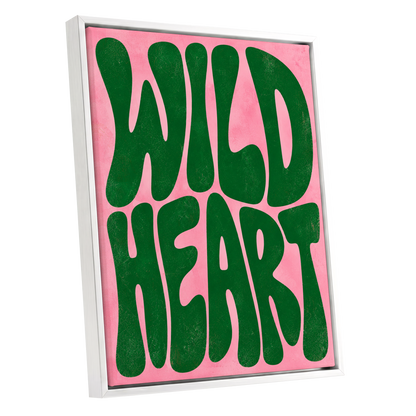 Wild Heart Groove, green, pink abstract wall art shown as a white framed canvas wall art