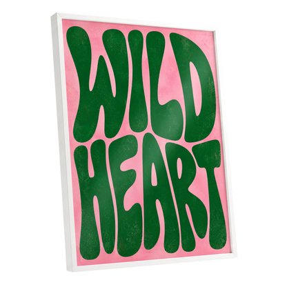 Wild Heart Groove, green, pink abstract wall art shown as a white framed poster wall art print