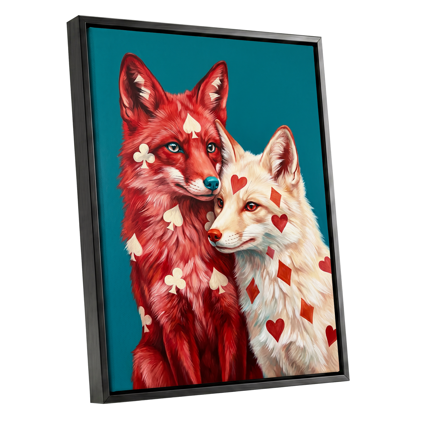 Wild Hearts & Suits, red, white, blue nature wall art shown as a black framed canvas wall art