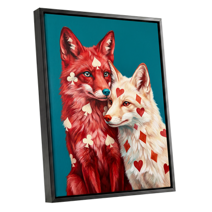 Wild Hearts & Suits, red, white, blue nature wall art shown as a black framed canvas wall art